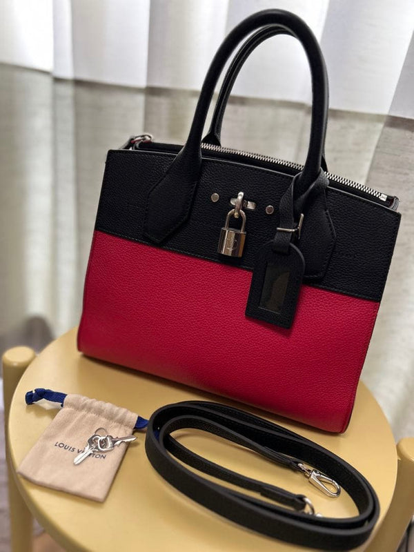 Louis Vuitton City Steamer Pm Handbag Shoulder Bag Black Red Leather