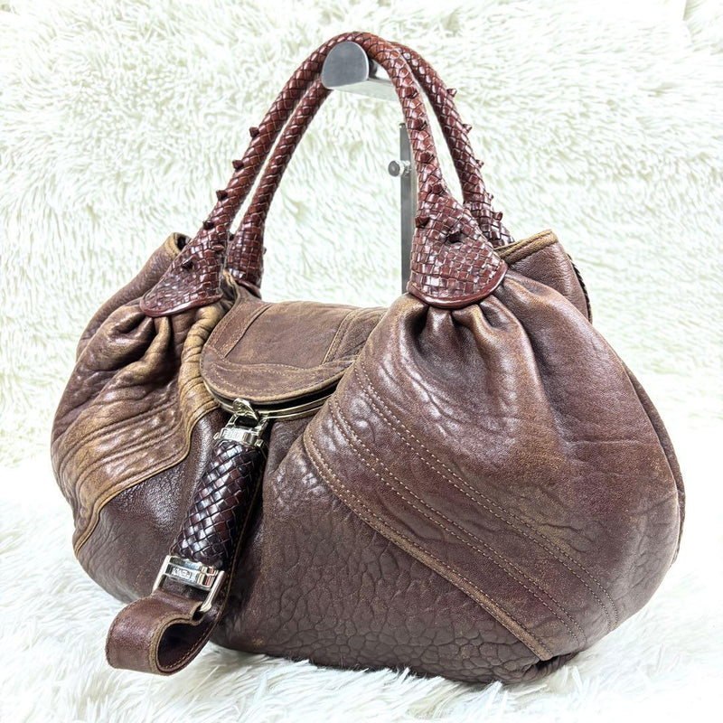 Fendi Spy Bag Handbag Zucca Brown Leather Woven Braided Intrecciato