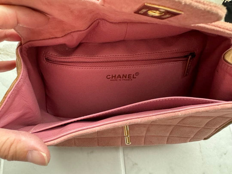 Chanel Top Handle Handbag Suede Leather Pink Beige
