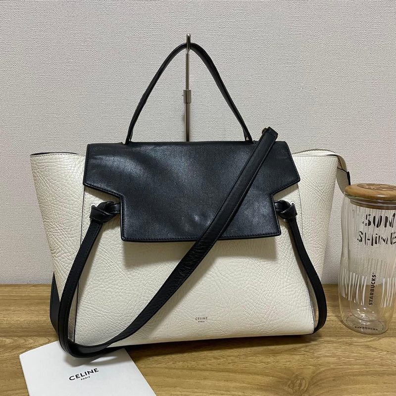 Celine Handbag Shoulder Crossbody Bag Leather White Navy