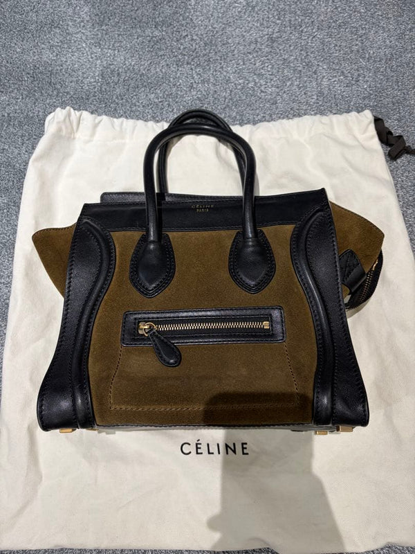 Céline Handbag Suede Leather Khaki Black Mini Tote Bag
