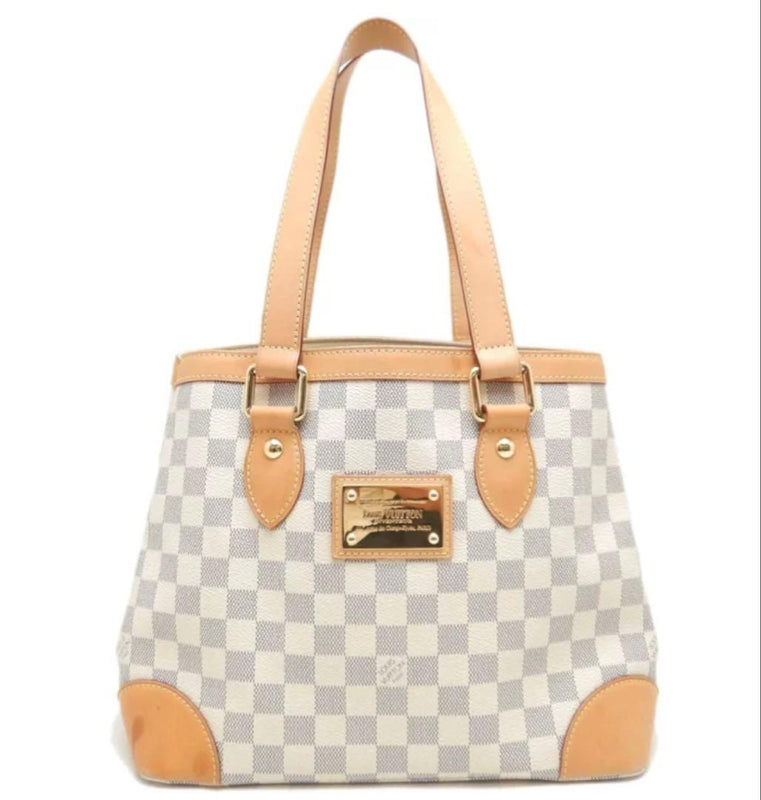 Louis Vuitton Tote Bag Canvas Leather Grey Beige Checked Pattern Metal Fittings