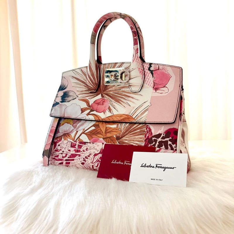 Salvatore Ferragamo Gancini Floral Handbag Leather Gold Hardware