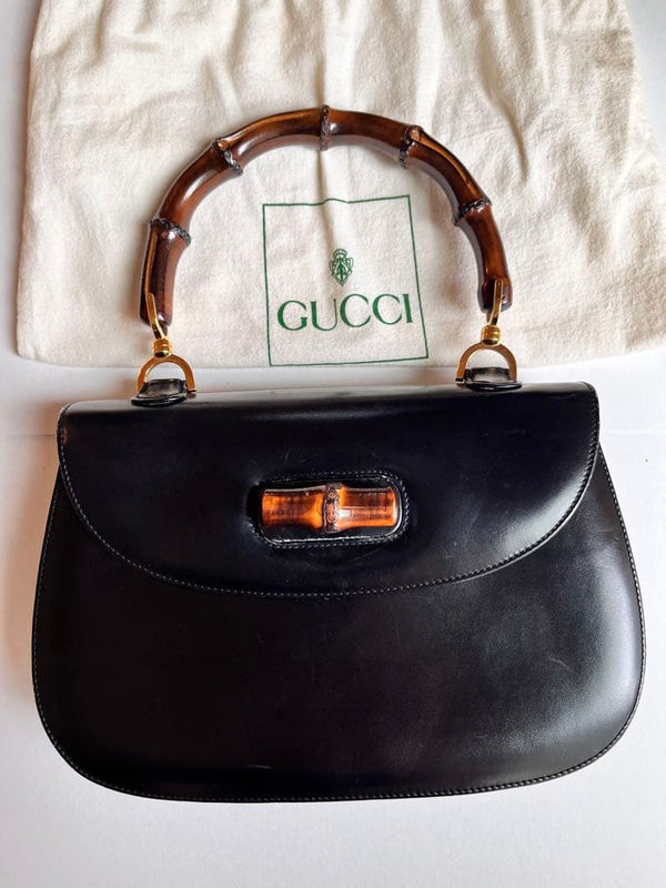 Gucci Old Gucci Bamboo Turnlock Handbag Black Leather Vintage