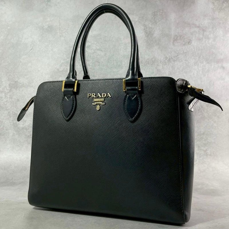 Prada 1BA164 2-Way Handbag Black Nero Saffiano Leather Gold Hardware
