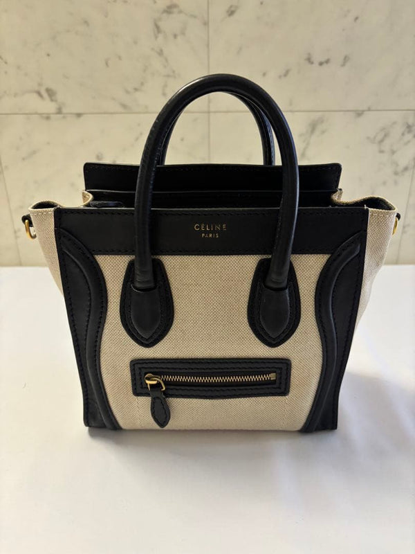 Celine Luggage Nano Tote Bag Canvas Leather Black Beige Antique Gold Hardware