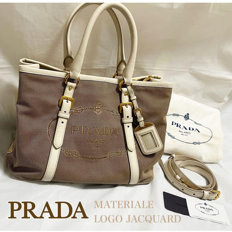 Prada Logo Jacquard 2-Way Shoulder Bag Handbag Canvas Leather Fojoa Corda Talctu