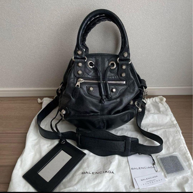 Balenciaga Classic Mini Pompon Handbag Shoulder Bag Black Leather
