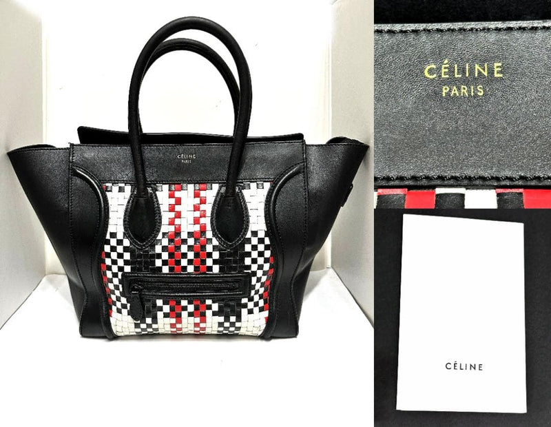 Celine Luggage Medium Shopper Handbag Intrecciato Leather Black Micro-check
