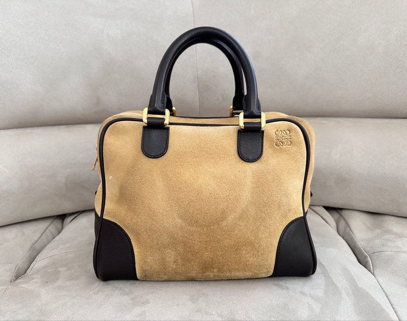 Loewe Anagram 2-Way Handbag Shoulder Bag Suede Leather Beige Black Gold Hardware