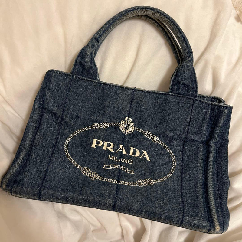 Prada Denim Logo Embroidery Handbag Dark Blue