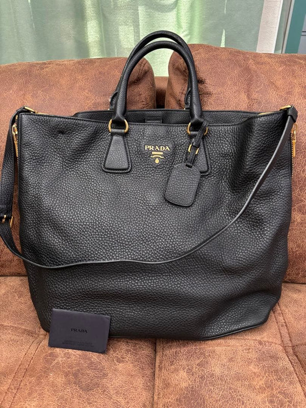 Prada Tote Bag Black Leather Handbag Shoulder Bag