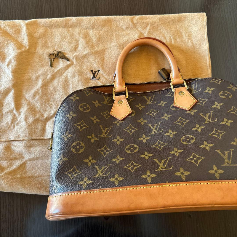 Louis Vuitton Monogram Handbag Canvas Leather Brown Beige Double Zipper