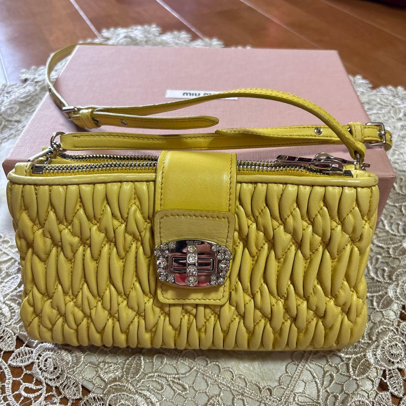 Miu Miu Handbag Shoulder Bag Yellow Leather Stone-studded Buckle