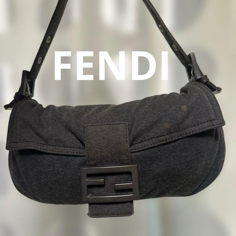 Fendi Mamma Baguette Shoulder Bag Ff Logo Fabric Leather Gray Silver Hardware