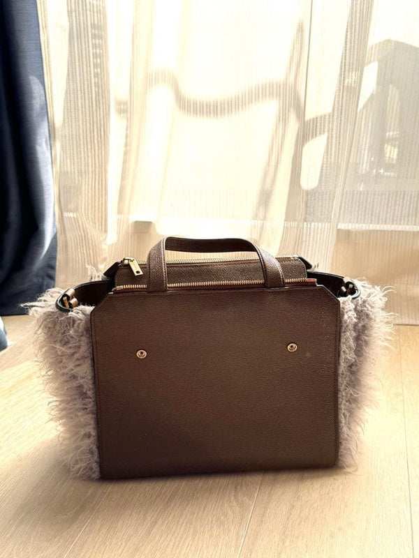 Valextra Passepartout Side Fur Tote Bag Calfskin Brown Light Gold Hardware