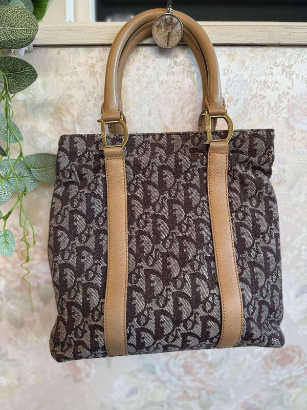 Christian Dior Trotter Tote Bag Canvas Leather Brown Gold Hardware