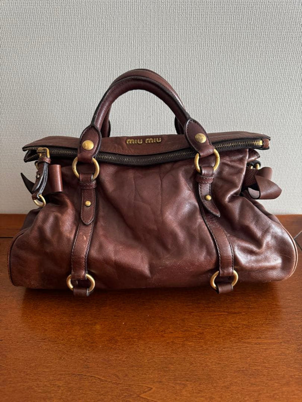Miu Miu Side Ribbon Handbag Leather Brown
