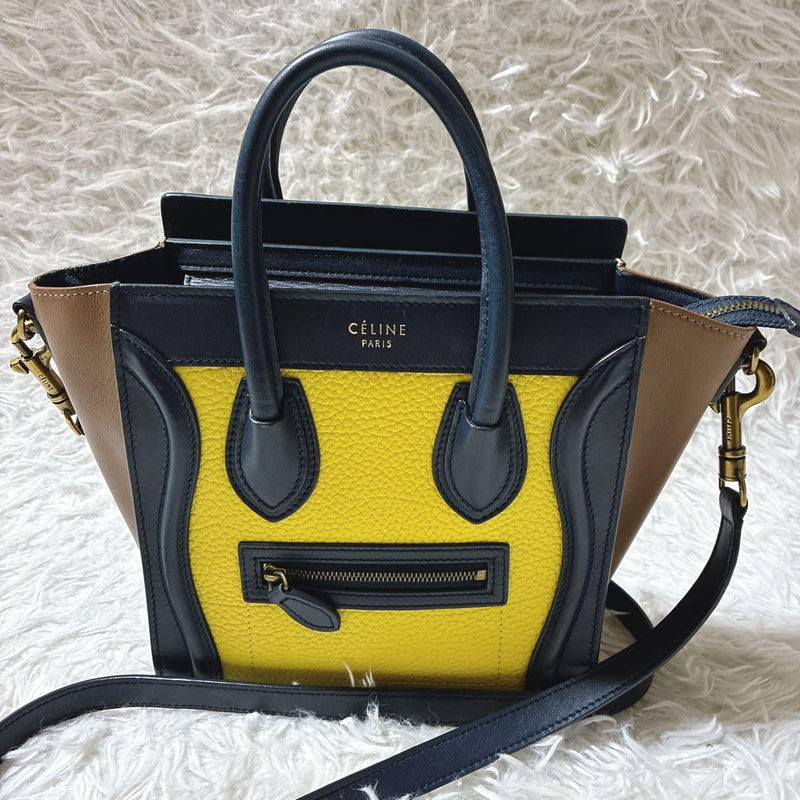 Celine Luggage Nano Shopper Handbag Smooth Leather Mimosa Navy Yellow 2-Way