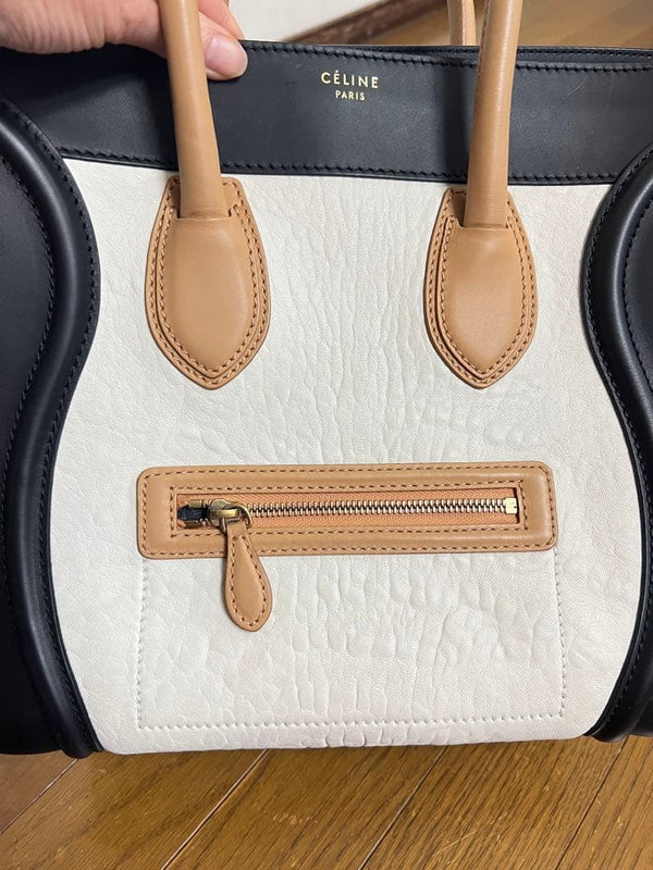 Celine Luggage Mini Shopper Tote Bag Leather Ivory Black Beige