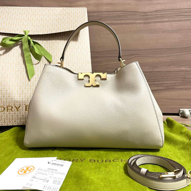 Tory Burch Eleanor Soft Satchel Handbag Leather Suede Beige Gold Hardware