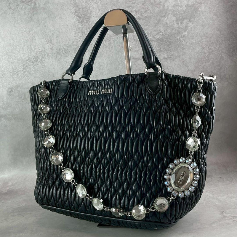Miumiu Matelasse Nappa Crystal Handbag Shoulder Bag Black Leather