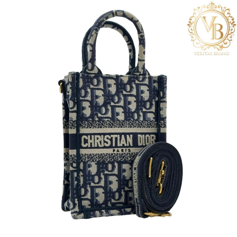 Dior Book Tote Mini Vertical Oblique Jacquard 2-Way Handbag Shoulder Bag Navy