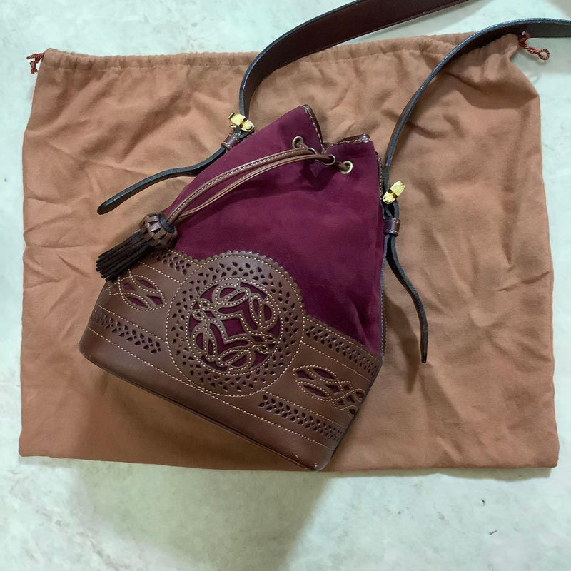 Loewe Suede Leather Bucket Bag Wine Red Brown Drawstring Punched Design
