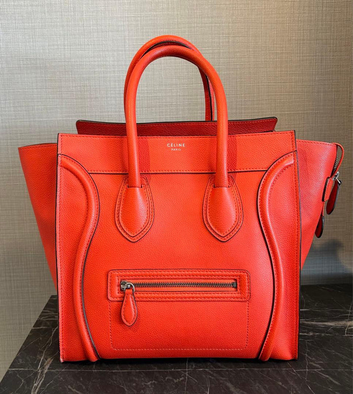 Celine Luggage Micro Handbag Tote Red Orange Leather