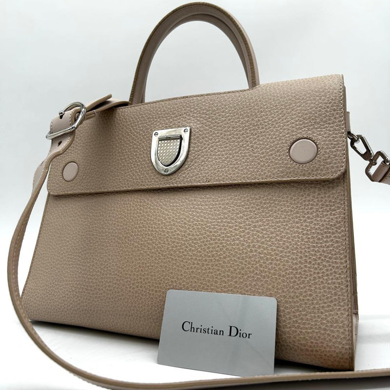 Christian Dior Ever 2WAY Handbag Shoulder Bag Grained Leather Beige Silver