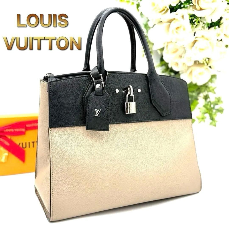 Louis Vuitton City Steamer Mm M53755 Handbag Black Beige Leather Silver Hardware
