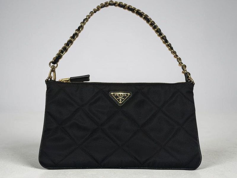 Prada 1NI054 Tessuto Impuntu Quilted Nylon Black Gold Hardware Pouch Clutch Bag