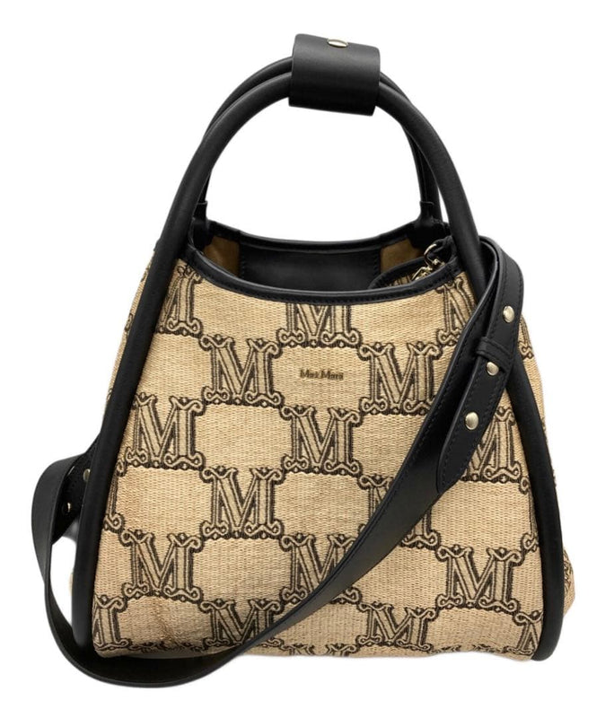 Max Mara 2way Handbag Shoulder Bag Raffia Leather Beige Black