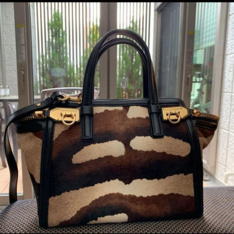 Gancini Calf Hair Leopard Print 2-way Shoulder Bag Clutch