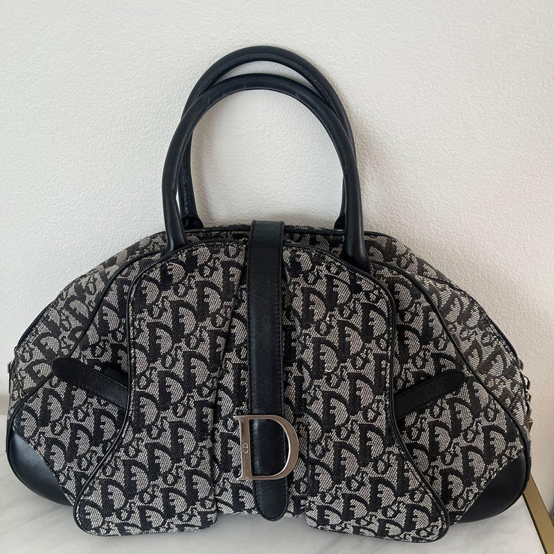 Christian Dior Trotter Double Saddle Bag Canvas Leather Navy Black D-hardware