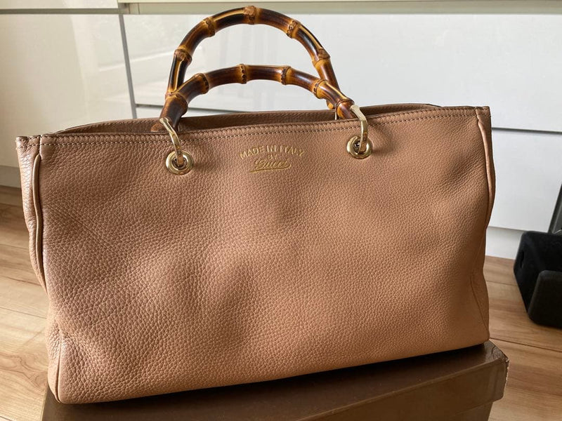 Gucci Bamboo Shopper Medium Tote Bag Pink Beige Leather 50th Anniversary