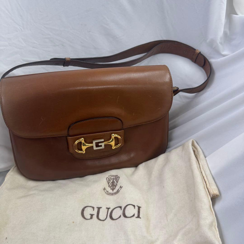 Gucci Horsebit One Shoulder Bag Leather Brown Push-lock Closure
