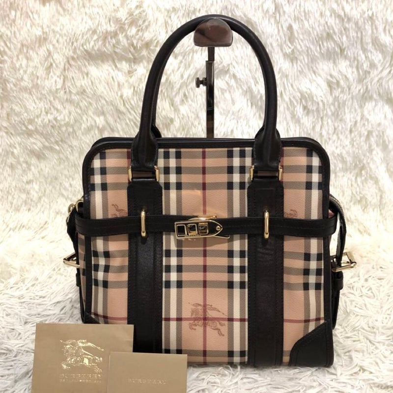 Burberry Nova Check Handbag Pvc Coated Canvas Leather Tote Beige Brown