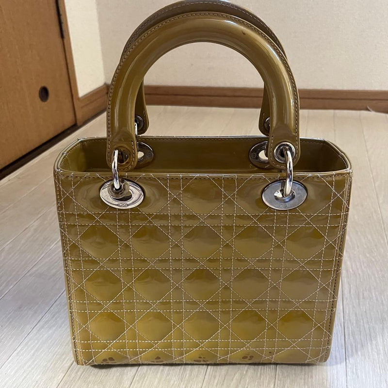 Lady Dior Quilted Handbag Shoulder Bag Enamel Leather Olive Green