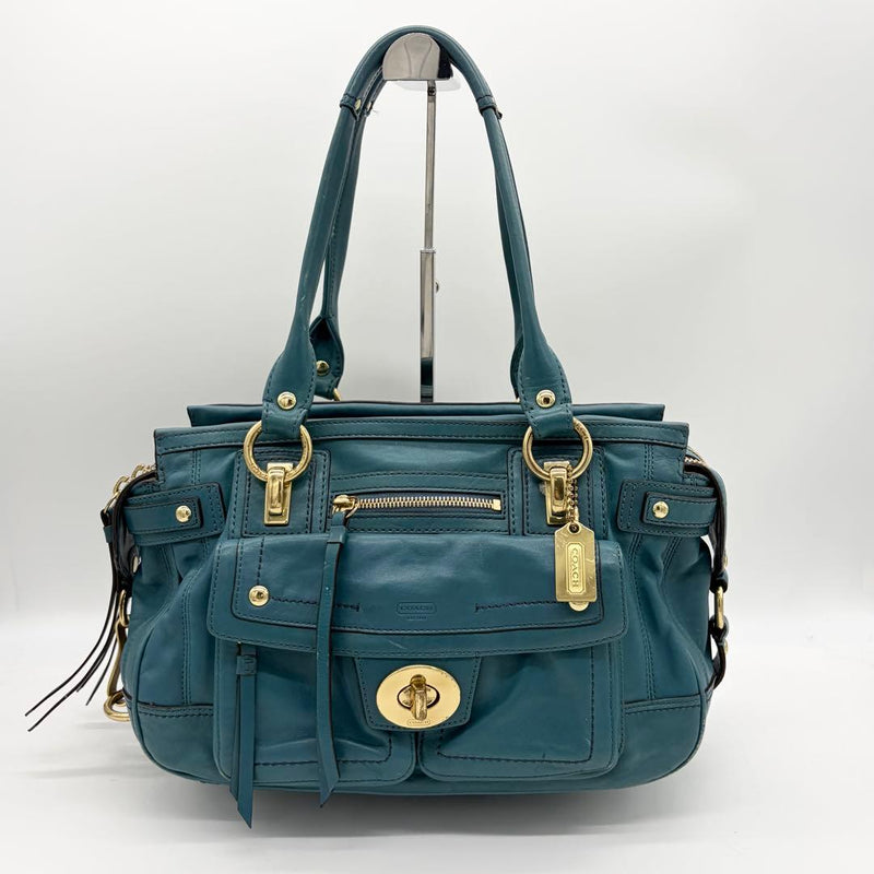 Coach Hampton Lindsey Legacy Turnlock Satchel Bag Leather Blue Gold Hardware
