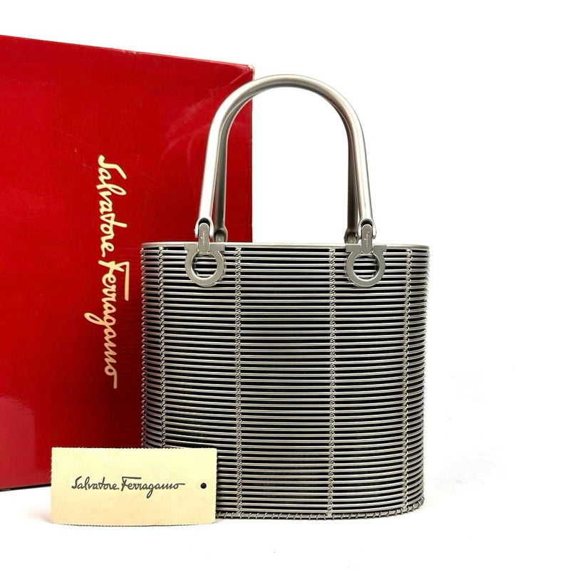 Salvatore Ferragamo Gancini Basket Handbag Aluminum Denim Silver Hardware