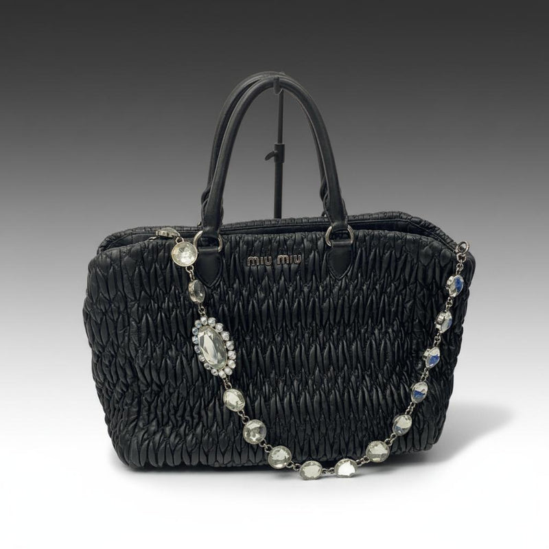 Miu Miu Matelasse Handbag Black Leather Bijou Embellishment