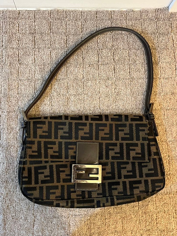 Fendi Zucchino Mamma Baguette Shoulder Bag Canvas Leather Brown Black
