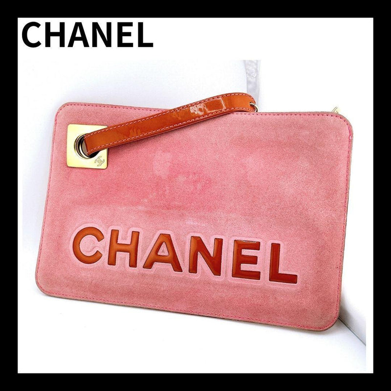 Chanel Camellia Coco Mark Clutch Bag Pink Leather Metal Fittings