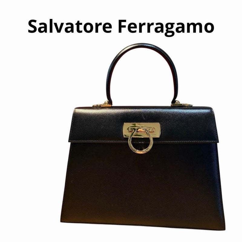 Salvatore Ferragamo Gancini 21-2181 Handbag Saffiano Leather Nero Black