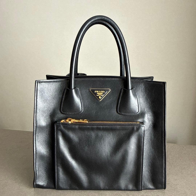 Prada BN2626 Tote Handbag Black Leather Gold Hardware Triangle Logo