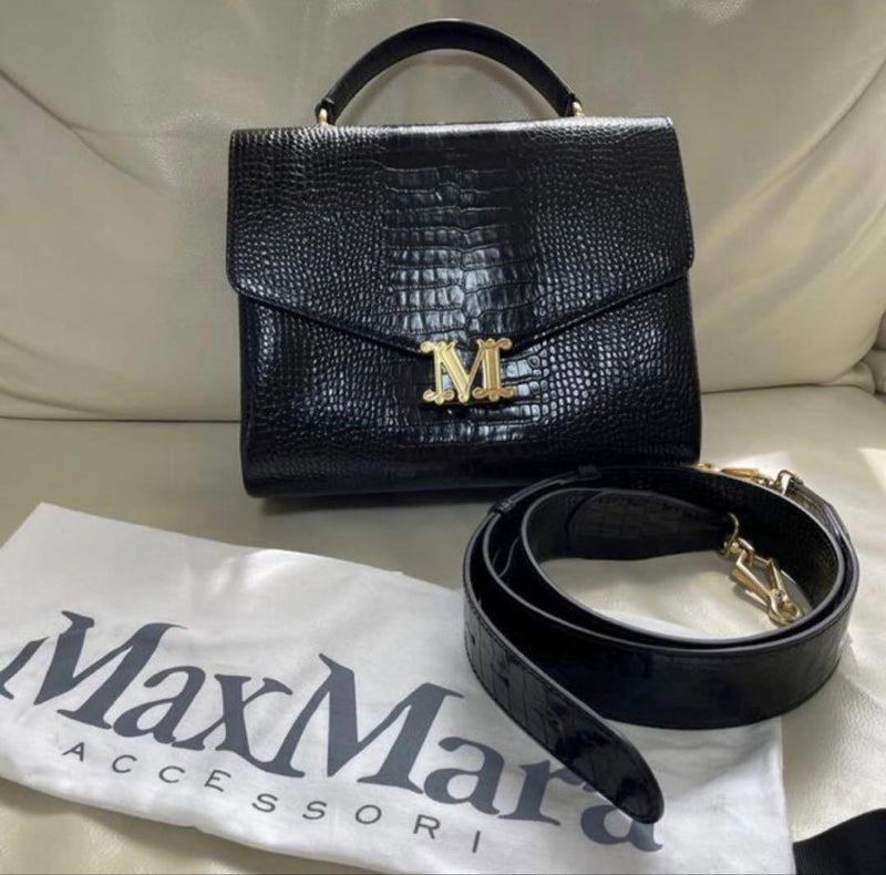 Max Mara Crocodile Embossed Leather Handbag Shoulder Bag Black