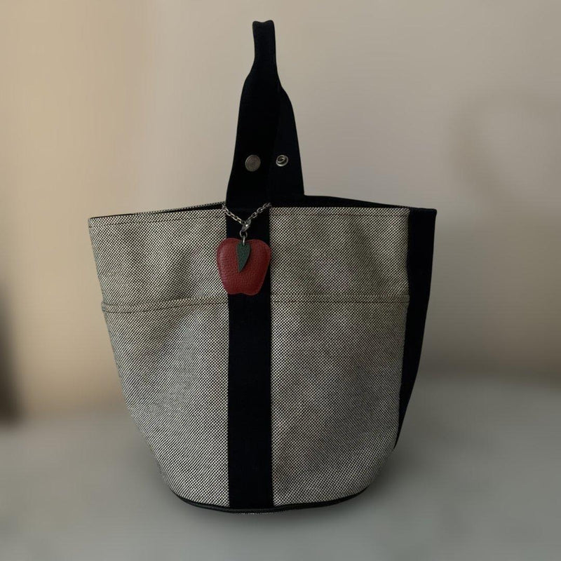 Hermès Canvas Bucket Handbag White Black Leather Apple Charm