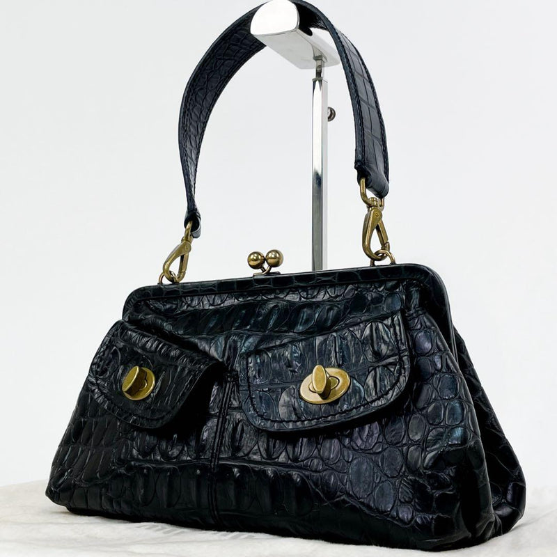 Miu Miu Croc Embossed Leather One Shoulder Bag Handbag Black Leather