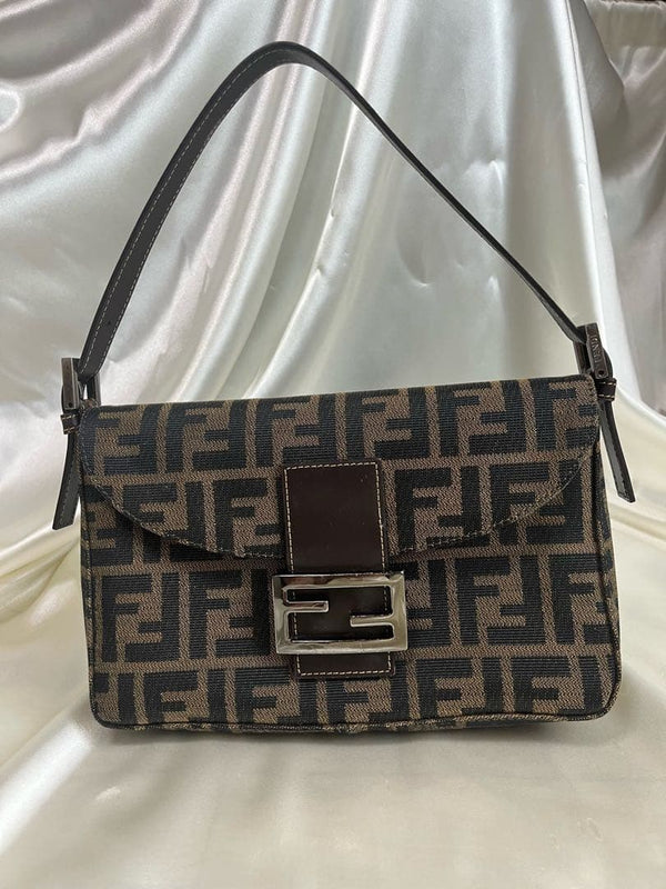 Fendi Mamma Baguette Canvas Leather One Handle Shoulder Bag